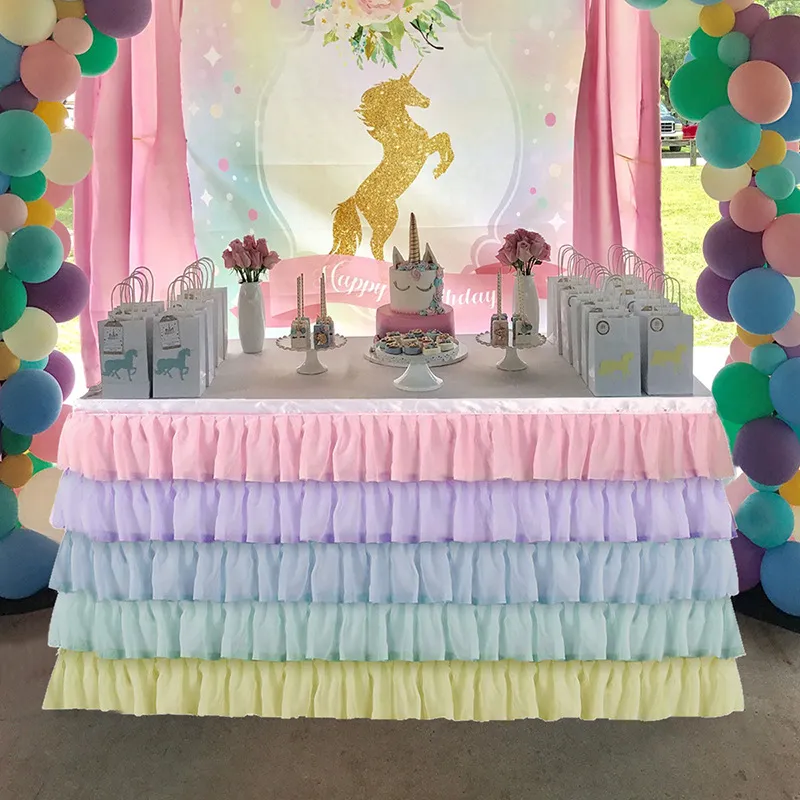 رومانسية الشيفون الجدول التنورة توتو 2019 لحفل عيد ميلاد الطفل، دش ديكور حزب قوس قزح الكشكشة 1.83M * 0.77m 2.75m * 0.77m 4.27m * 0.77m