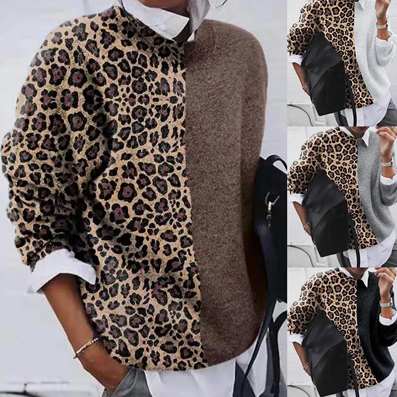 Camisa das mulheres leopard patchwork camisa colar camisola mulheres inverno quente kwholesale fêmea fêmea batwing longo luva pullover tops xxl