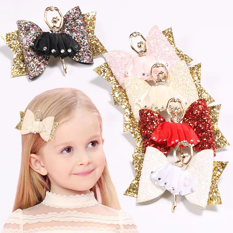 Fermagli per capelli principessa ragazza balletto Clip in pelle glitterata a doppio strato Baby Boutique Barrettes Accessori per forcine con strass M744