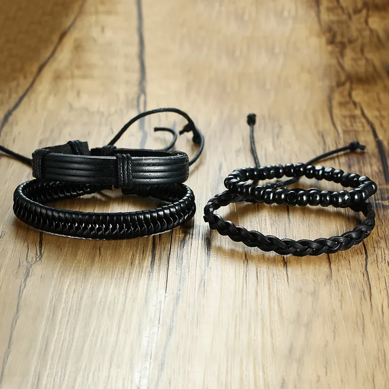 Vintage Black Leather Friendship Bracelets Set For Male Bangle Braclet Braslet Man Pulseira Masculina Jewelry2432283