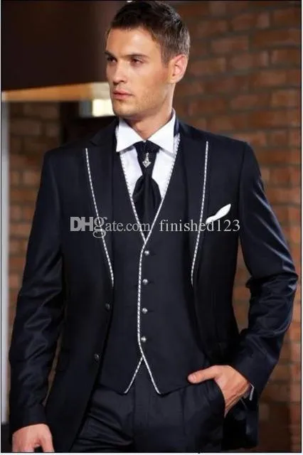 High Quality Two Buttons Navy Blue Wedding Groom Tuxedos Notch Lapel Groomsmen Men Suits Prom Blazer (Jacket+Pants+Vest+Tie) W88