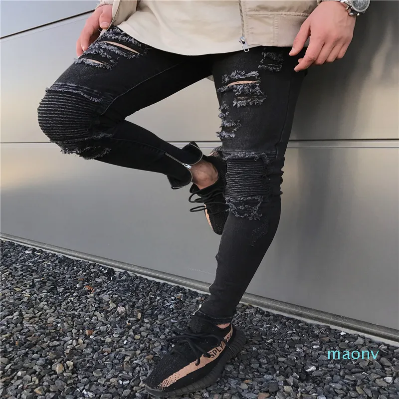 Partihandel-Mäns Mode Micro-Bomb Slim Motorcykel Jeans Hip Hop Men Tvättade Torn Jeans Zipper Designer Black Jean XM01