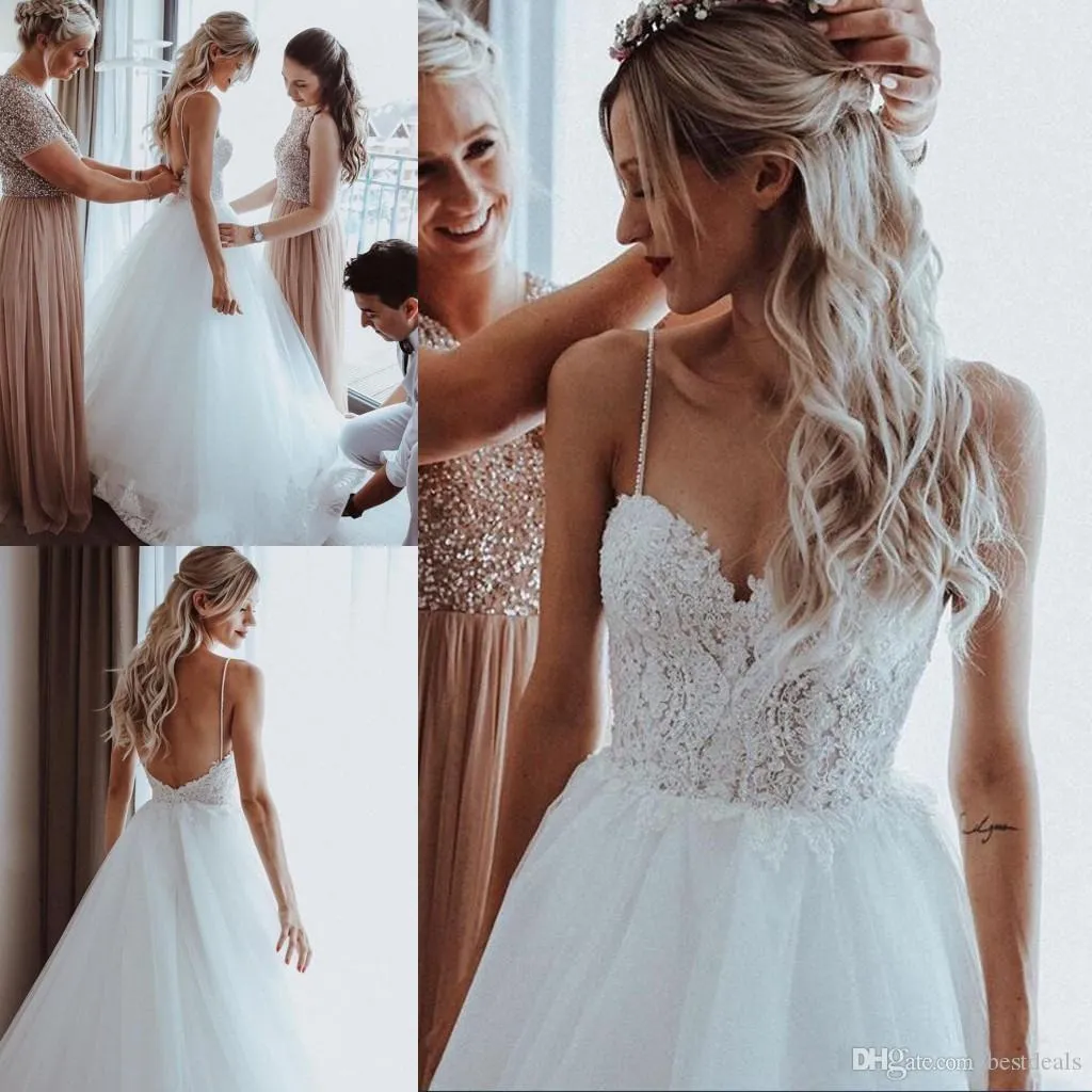 New Boho Beaded Pearls Tulle Wedding Dresses Sweep Train Spaghetti Straps Beach Bridal Gowns Appliques Wedding Gowns For Brides