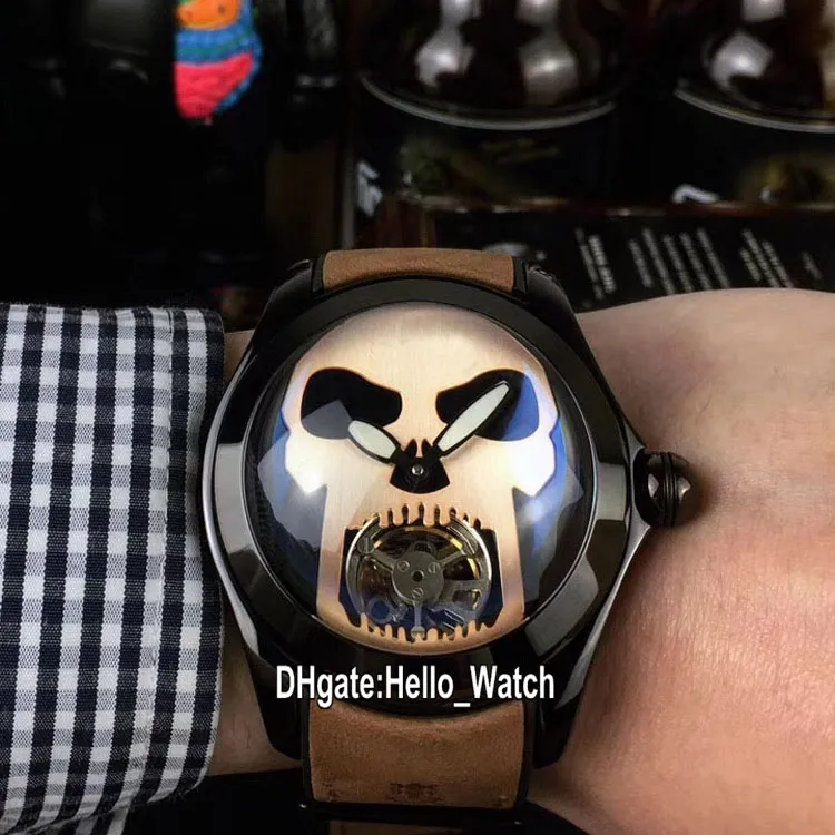 New Bubble Pvd Black Steel Case L390 / 03694 Czarny Dial Gold Skull Tourbillon Automatyczny Zegarek Brązowy Skórzany Pasek Zegarki Hello_watch