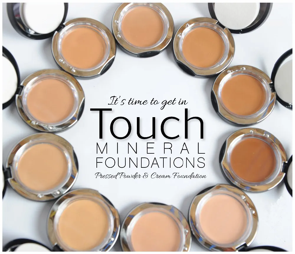 Venda quente Cosméticos Touch Mineral Pressed Creme Foundation Imprimado Pó 10 Cor Melhor Qualidade Compact Face Bolo Maquiagem DHL Livre Navio