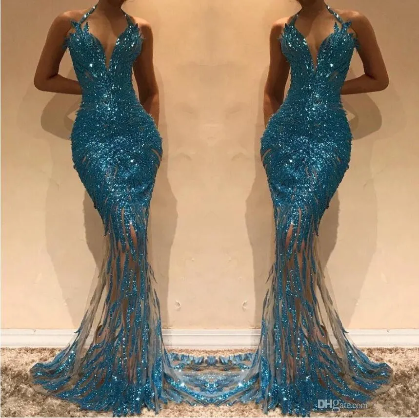 Sparkly Sequins Mermaid Prom Klänningar Lång 2019 Sexig Halter Neck See Through Hunter Pagant Klänning Trumpet Evening Party Gowns Robes de Soirée