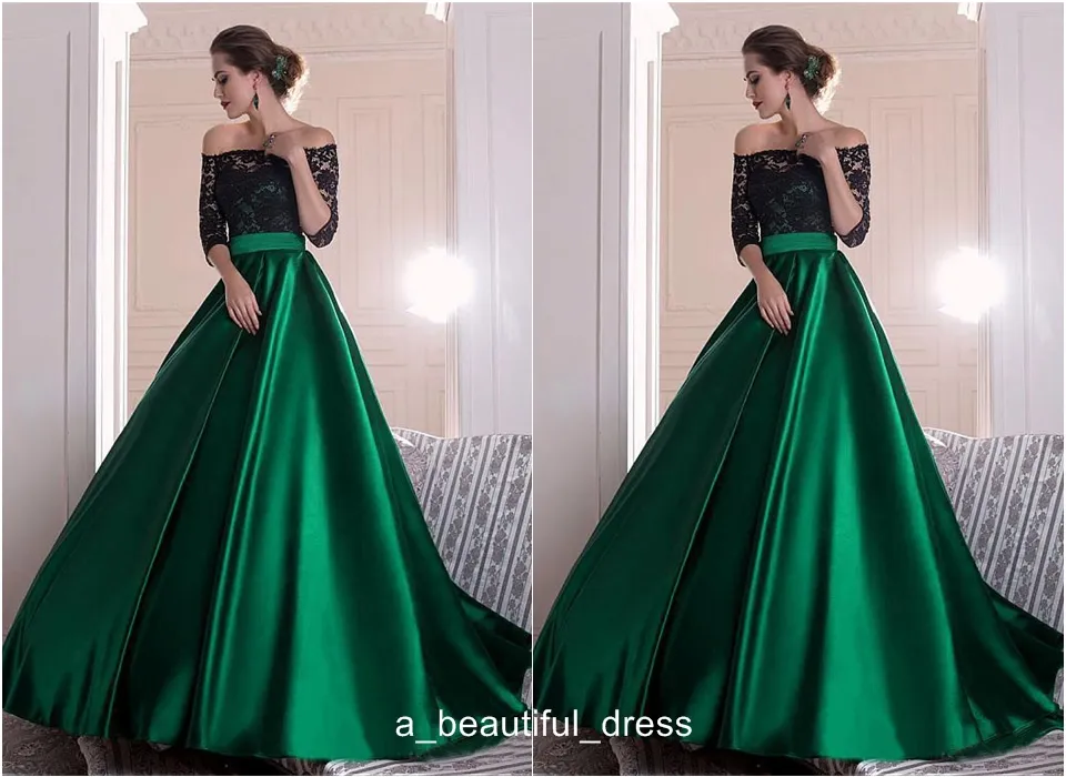 Black Lace Off The Shoulder Evening Dresses Green Satin A-line Sheer 3/4 Sleeves Zipper Back Ball Gowns Evening Prom Gowns WithPleats ED1117