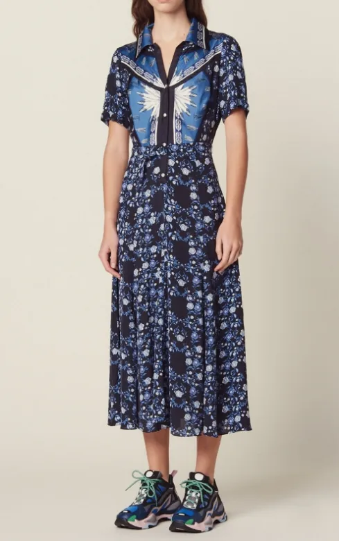 2019 весна лето голубой цветочный принт с короткими рукавами поворотный воротник среднего теленка платья женщины платье мода Vestidos May515