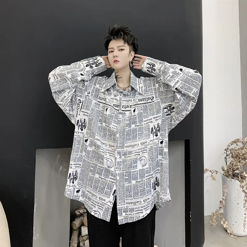 Maschile Streetwear Hip Hop Vintage Moda Camicie Uomo Giornale Stampa Casual Camicia a maniche lunghe allentata