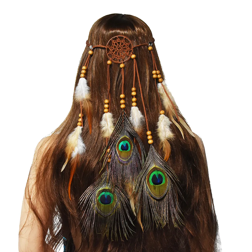 US Warehouse Hippie Dreamcatcher Head Chains Boho Tribal Feather Headpiece with Beads Peacock Feather Hair Band Hair Accessories