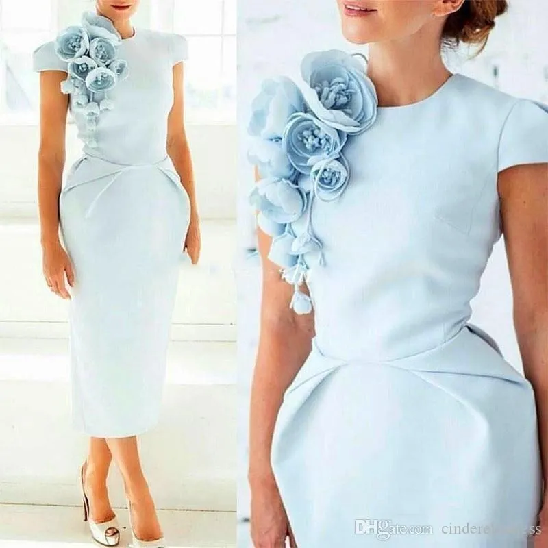 Elegant Sky Blue Short Sleeves Sheath Mother of the Bride Dresses with Floral Flowers Tea Length Formal Plus Size Cocktail Dresses323m