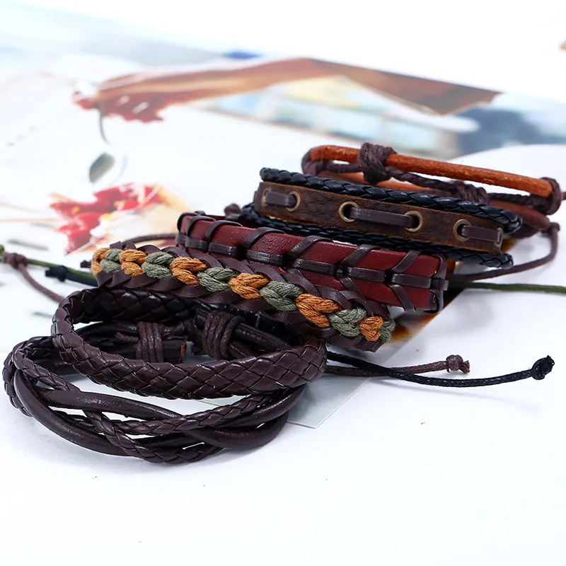 6 In 1 Vintage Handmade Mens Leather Bracelet: Multilayer
