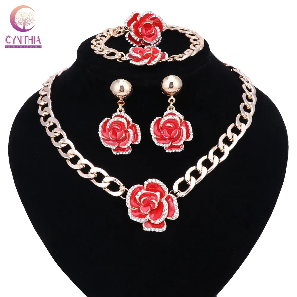 Femmes mariage mode cristal émail fleur couleur or perles africaines Vintage fête déclaration collier accessoires ensembles de bijoux