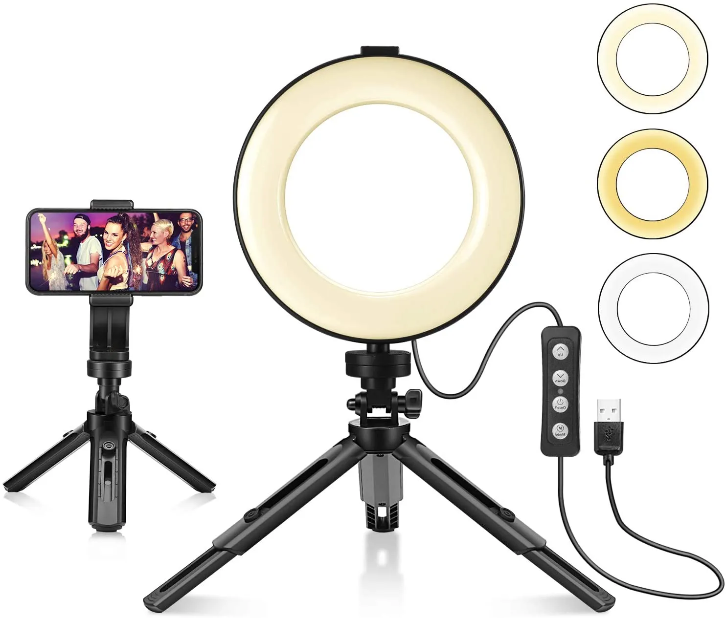 Anello luminoso a LED da 6" con supporto per treppiede per telefono per streaming live di video YouTube, anello luminoso per trucco da scrivania dimmerabile per la fotografia