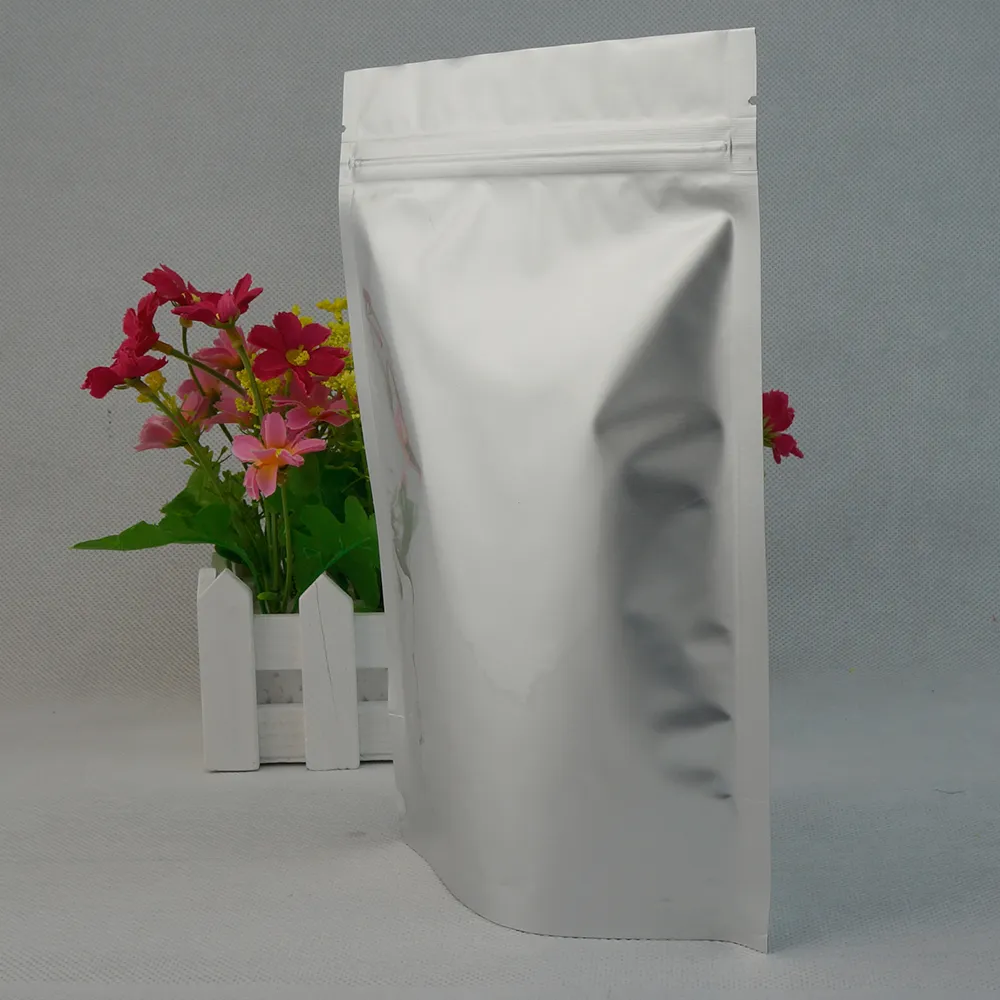 15x22 + 4 cm 100 pcs/lot sacs à fermeture éclair en plastique de papier d'aluminium pur argenté autoportant, sac réutilisable pochette d'emballage de barre de chocolat fermeture à glissière