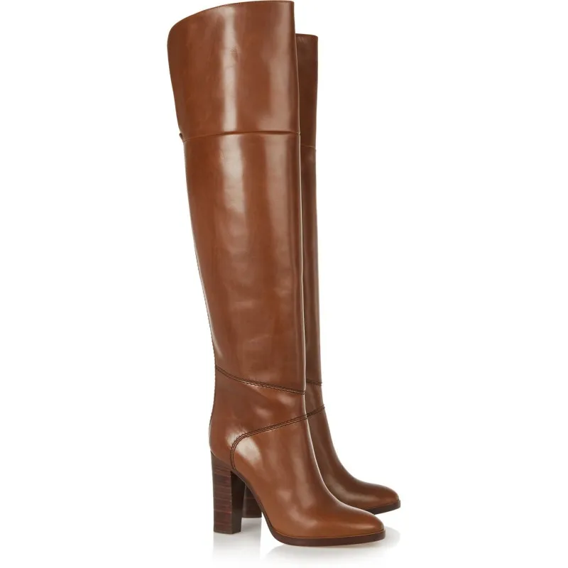 Hot Sale-Brown High Heels Over The Knee Boots Kvinna Elegant Block Vinter Tjock Varm Lång Stövlar Sida Zip Runway High