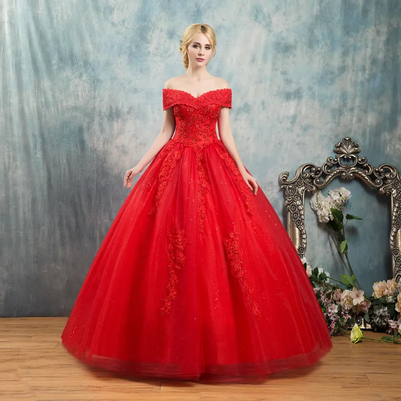 2019 Vestido de fiesta rojo Princesa Vestidos de novia góticos Fuera del hombro Con cordones Parte posterior Longitud del piso País Occidental Vestidos de novia no blancos Rojo