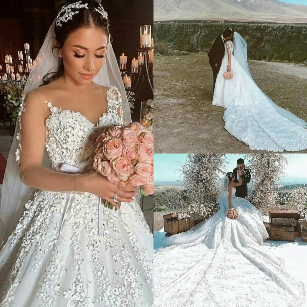 Gorgeous Arabic Wedding Dresses 3D Flower Appliques Sheer Neck Plus Size Ball Gown Wedding Dress Princess Long Sleeve Bridal Gowns