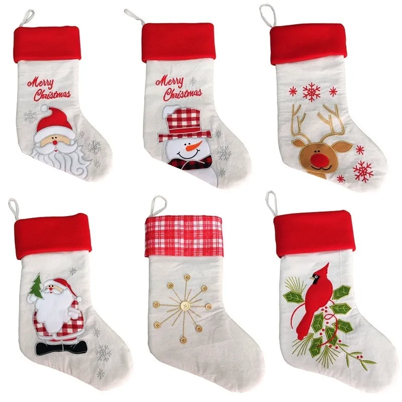 Christmas Soft Embroidered Stocking Snowflake Santa Snowman Embroidered Christmas Tree Hanging Decorations Xmas Candy GIft Present Stocking