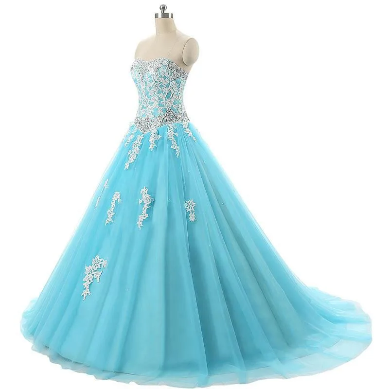 baby blue corset prom dress Light Sky Blue Satin Ball Gown Prom Dresses with Lace Beaded Sweethear –  angelaweddings main image 0