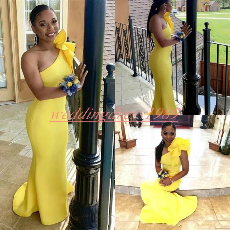 2019 Żółty Jeden Ramię Prom Dresses Mermaid Wzburzyć Satin African Juniors Pageant Robe De Soiree Suknie wieczorowe Celebrity Specjalne okazje