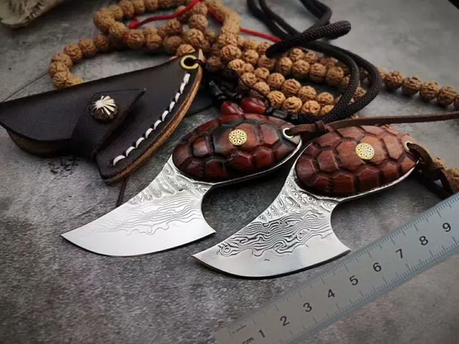 Högkvalitativ liten VG10 Damascus Steel Fixed Blade Kniv 60hrc Blade Full Tang Rosewood Handtag EDC Halsband Knivar