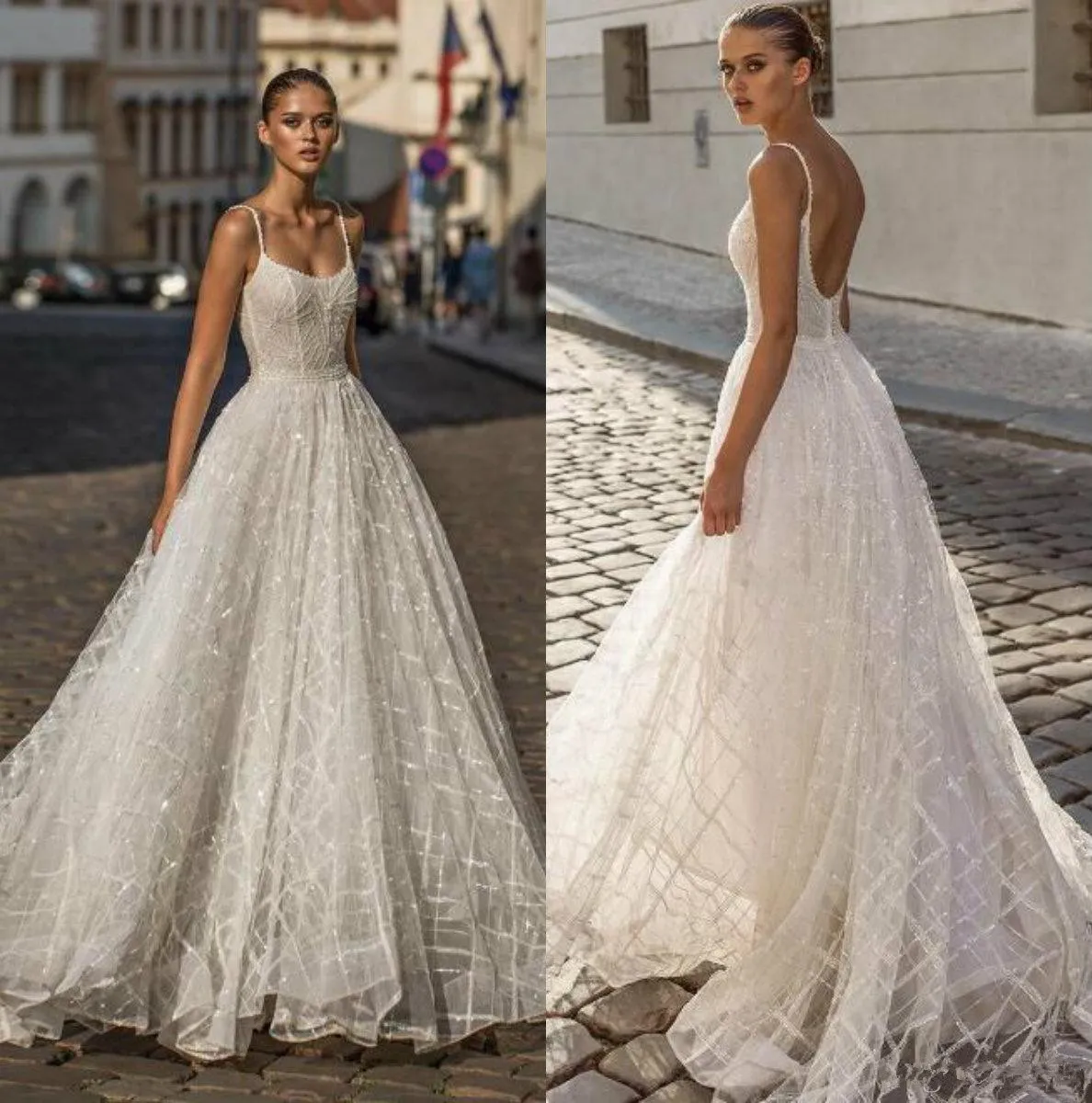 Helena Kolan 2020 Nuovi abiti da sposa Spaghetti Bling Abiti da sposa in pizzo Arabia Saudita Sweep Train Plus Size Abito da sposa senza schienale personalizzato