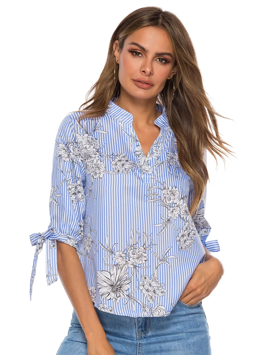 Design shirt - de nieuwe damesmode shirt 2019 v-hals Seven-Point Sleeve Lace-up Shirt Puur katoen