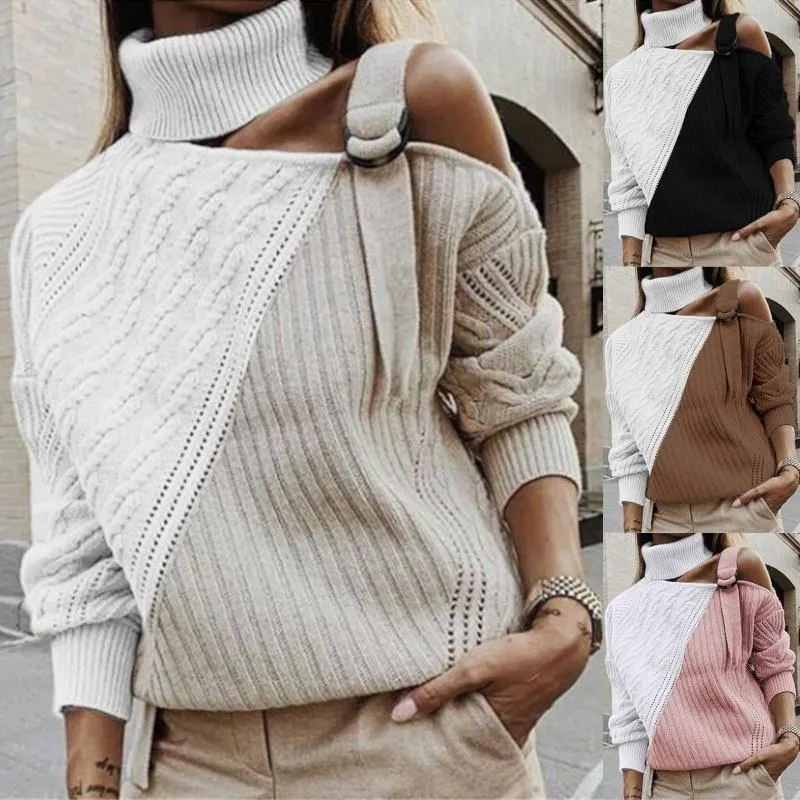 Camisolas femininas Design contraste cor patchwork malha crochet hollow-out pullover top 2021Fashion Street Mulheres Turtleneck Sweater Asian S