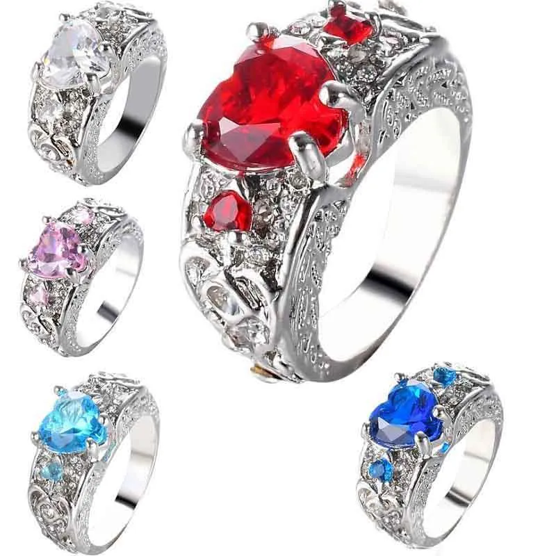 크리스탈 사랑 심장 링 모양의 심장 다이아몬드 반지 여성을위한 패션 쥬얼리 선물