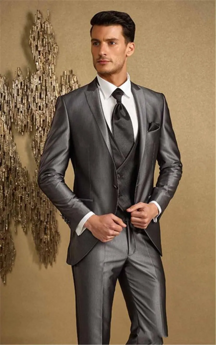 Tuxedos de marié gris argenté à la mode, robe de mariée à revers, excellent costume de fête d'affaires formel pour hommes (veste + pantalon + cravate + gilet) 86