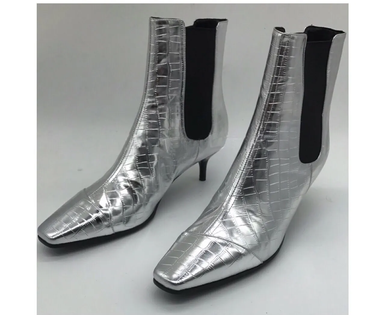 Venta caliente-Nuevas botas cortas de charol plata azul tacones altos de alta calidad punta cuadrada estilo pasarela botines para zapatos de mujer