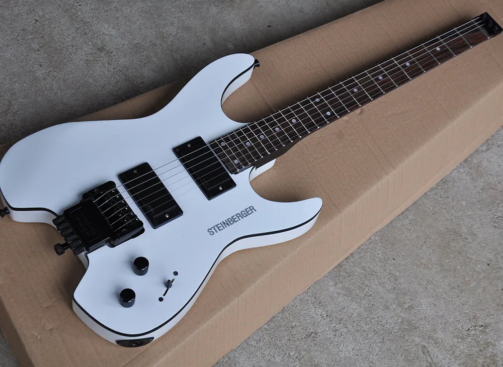 White headless electric guitar with HH pickups,floyd rose,rosewood fretboard,black binding,can be customized as request