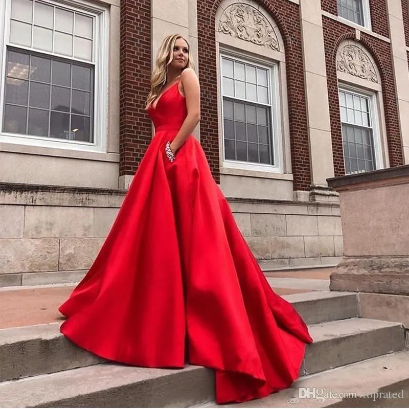 Sexy vendita calda rosso una linea abito da ballo con tasche scollo a V cinghia di spaghetti in raso vestido de formatura diamanti donne abito da festa formale