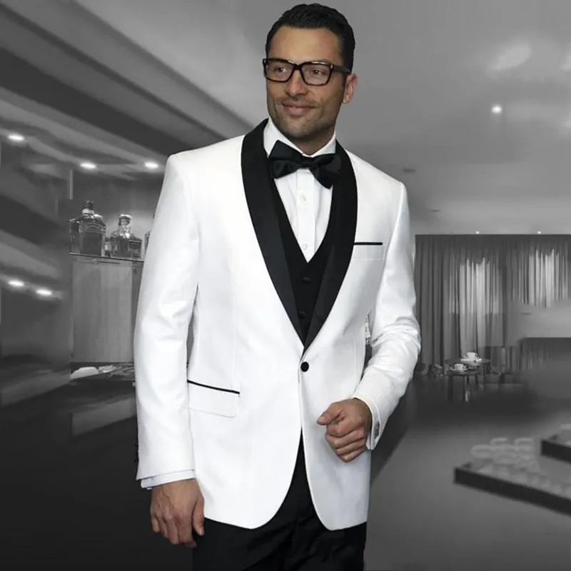 Nieuwe Stijl One Button Wit Bruiloft Bruidegom Tuxedos Sjaal Revers Groomsmen Mannen Suits Prom Blazer (jas + Broek + Vest + Tie) NO: 2016