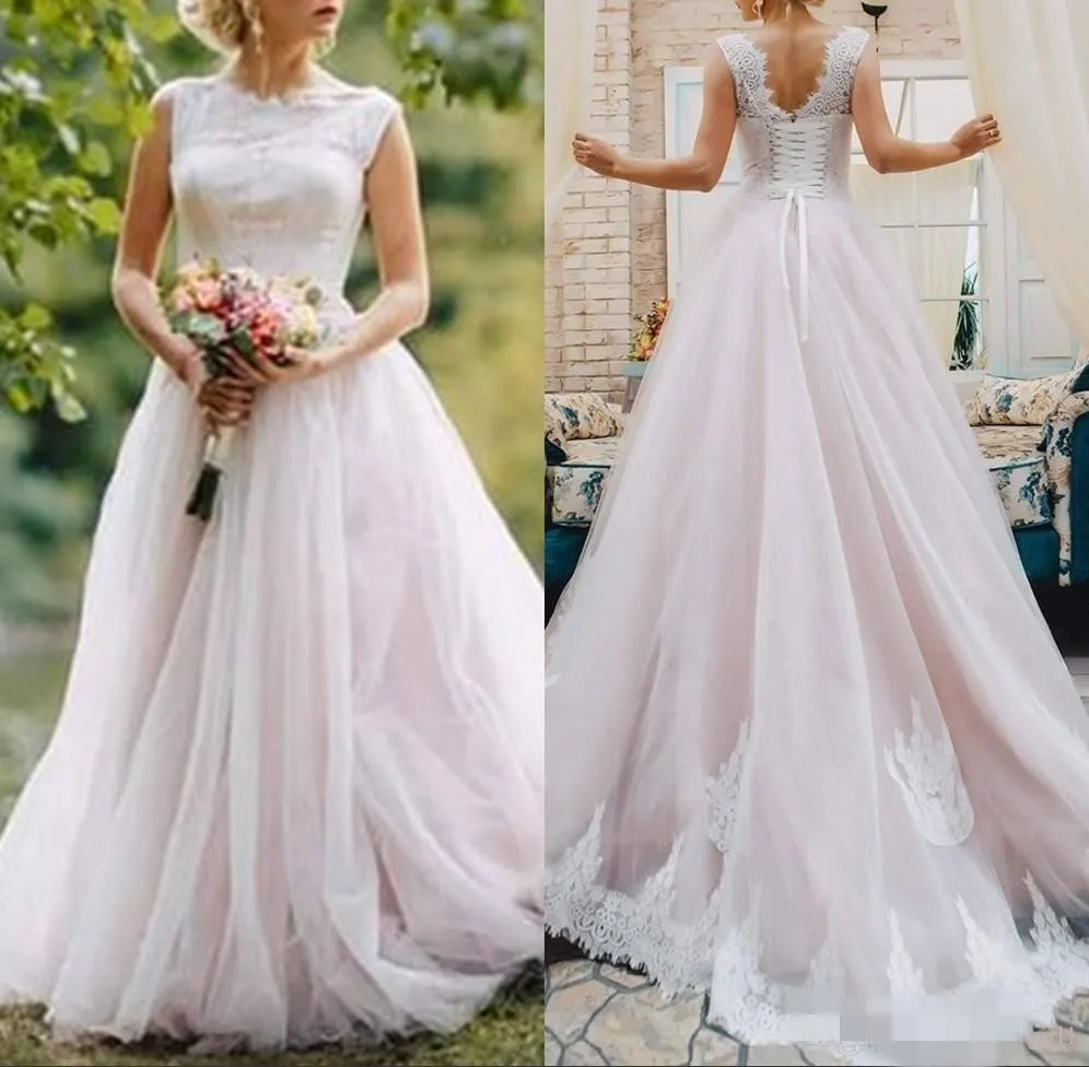 Blush roze jurken korset terug 2020 kanten applique op maat gemaakte tule tuin trouwjurken plus size vestido de novia