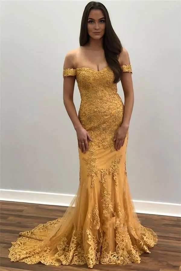 Vestidos de noche de sirena dorada con encaje fuera del hombro con cuentas hasta el suelo Vestidos de baile 2019 Fiesta de celebridades Ropa formal por encargo