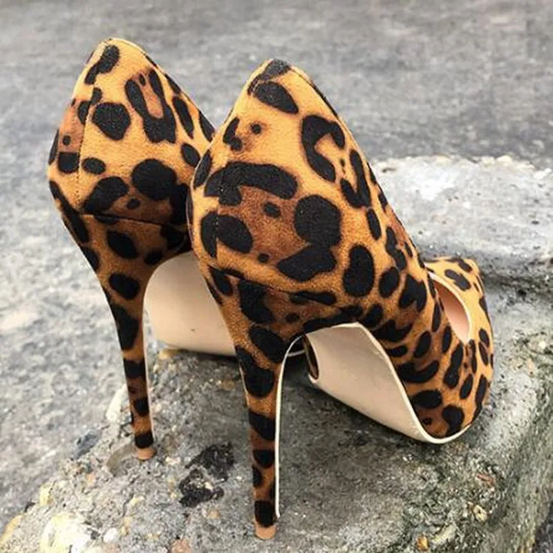 Hot Sale-Schoenen 12/10 / 8cm Heel Höjd Flock Leopard Klassisk Högklackat Sexig Bröllopsfest Kvinnor Klänning Skor Stor Storlek EU 45