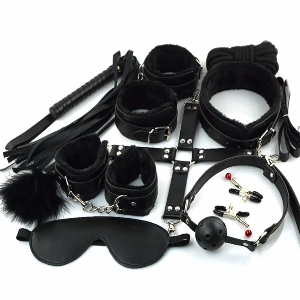 10 Pcs Bondage Sexy Lingerie PU Leather BDSM Sex Bondage Set Hand Cuffs Footcuff Whip A76