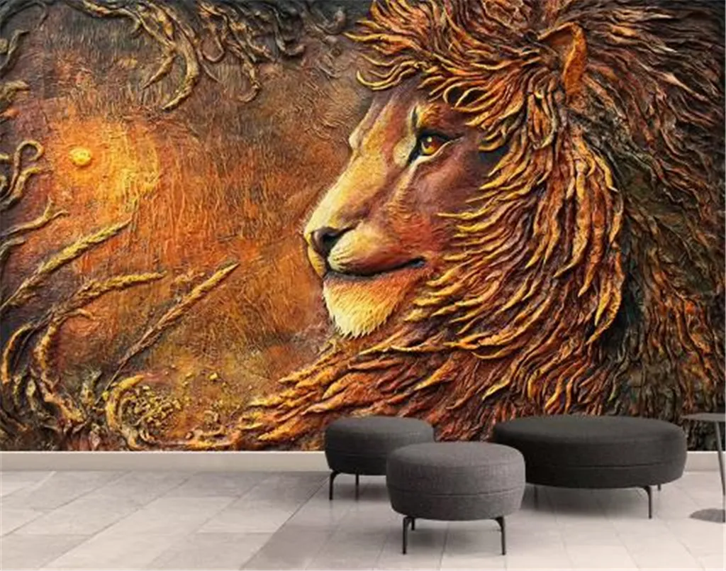 HD Wallpapers Promotion Embossed Golden Mighty Lion 3d Animal Wallpaper Decoration Interior Exquisite Practical Good