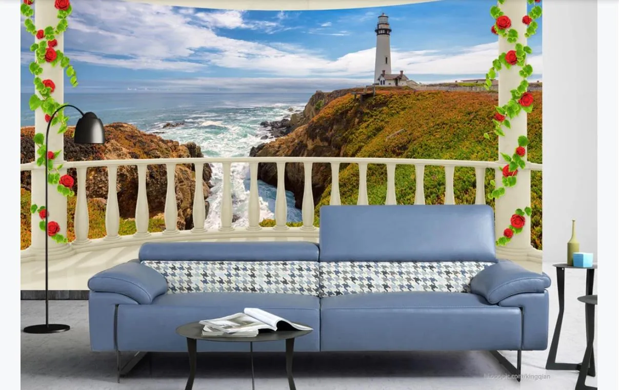 3D индивидуальные большие фотообоями обои Балкон остров маяк пейзаж 3d гостиная телевизор диван фон росписи обоев украшения