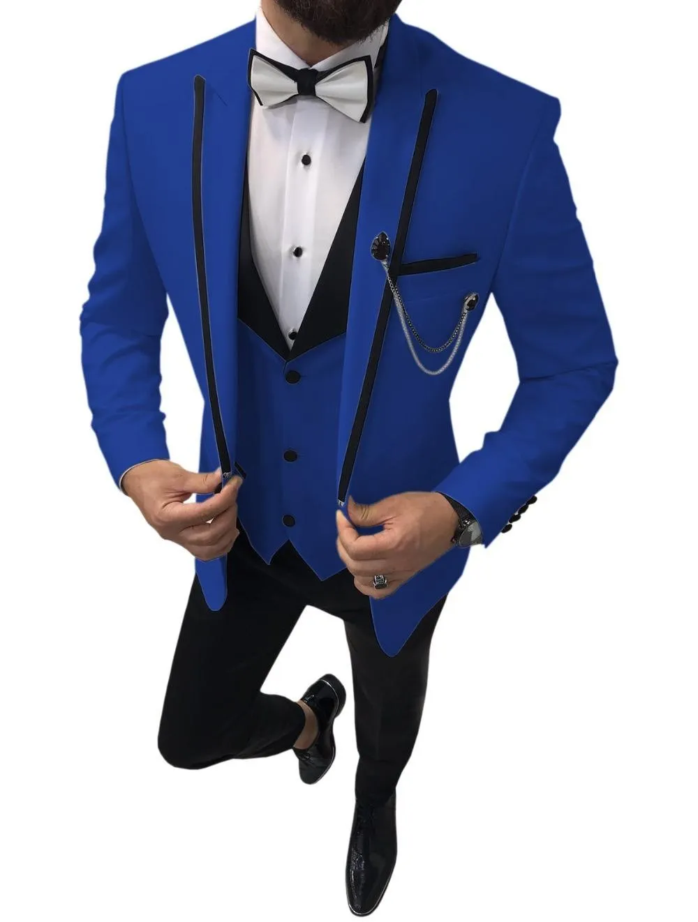 Fashion Royal Blue Groom Tuxedos Peak Lapel Groomsmen Mens Wedding Dress Excellent Man Jacket Blazer 3 Piece Suit(Jacket+Pants+Vest+Tie) 185