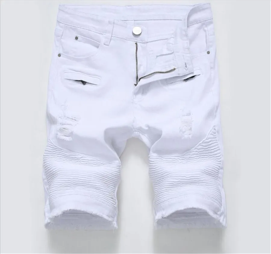 Summer Ripped Riker Jeans Spodenki Mężczyźni Bermudy Białe Czarne Dżinsowe Szorty do męskiej Stretch Moda Zipper Spodenki Masculino Y19072301