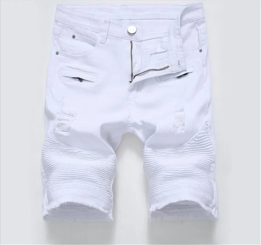 Verão Rasgado Motociclista Jeans Shorts Homens Bermuda Branco Preto Denim Shorts Para O Estiramento Masculino Moda Zipper Shorts Masculino Y19072301