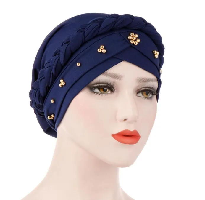 Milchseide Moslemisches Hijab Für Frauen Perlen Geflecht Wrap Stretch Turban Hut Haarpflege Islamischen Jersey Kopftuch Chemo Kappe Kopf Wrap GB950