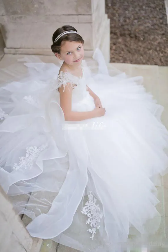 Vestidos Blancos De Flores Para Niñas, Vestido De Boda Con Plumas