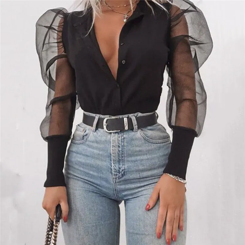Fashion New Women's V-Neck Blouses Tulle Ruffle Long Puff Sleeve Shirt Solid Lady Shirts All-Matching Autumn Women Tops