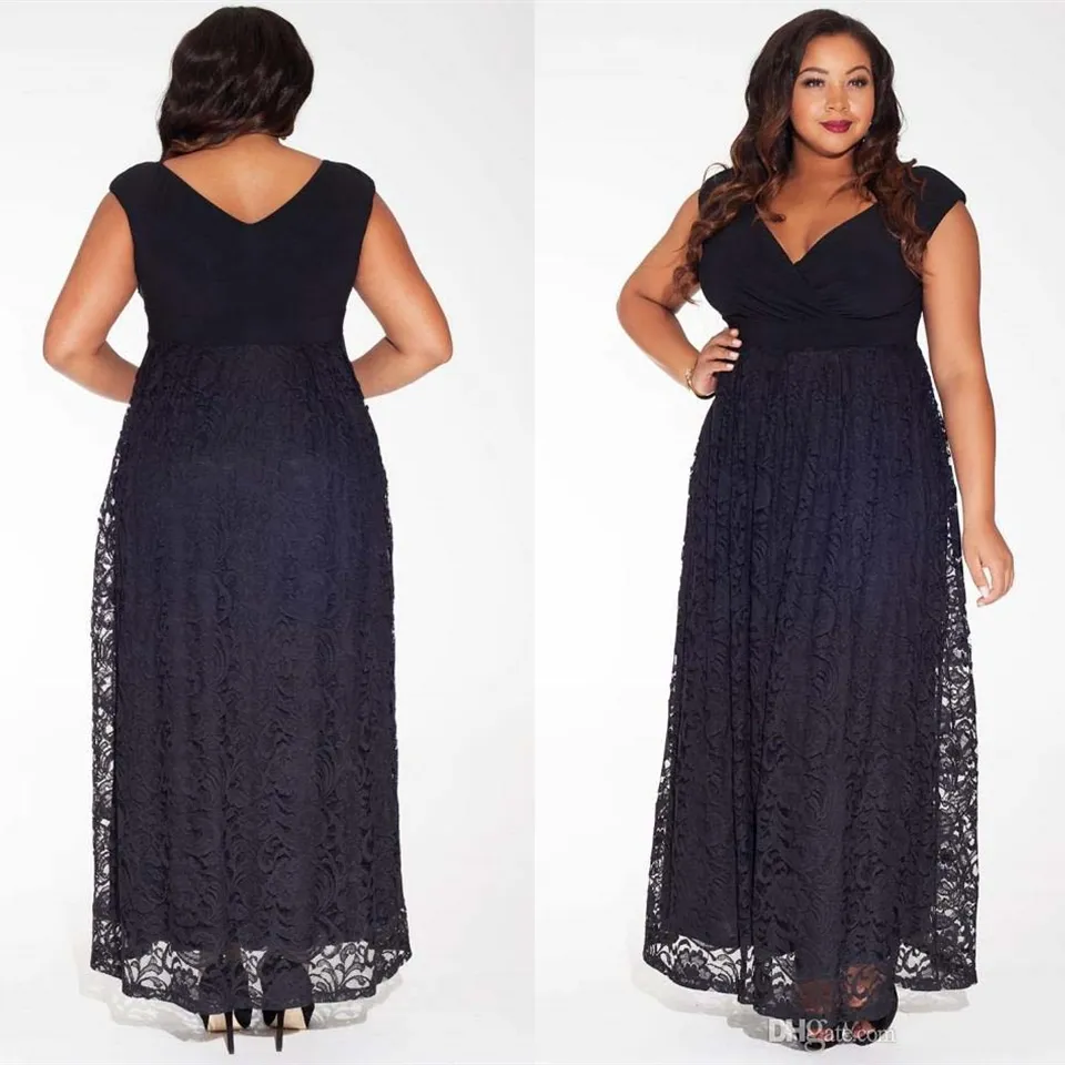 Top Moda Plus Size Black Lace Prom Vestido Uma Linha Ankle Comprimento V-Pescoço V-Pescoço Tapado Vestidos de Noite Prom Vestidos SD3352