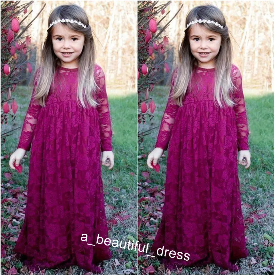 Ny vintage Burgundy Long Flower Girls 'Dresses Girl's Pageant Dresses Long Långärmade Boho Formella Klänningar för små tjejer FG1244