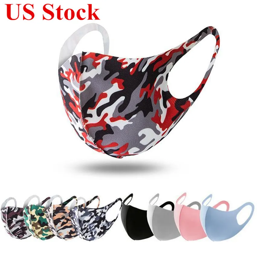 US Stock Masques de protection Ice Silk Camo Print Anti Dust / PM2.5 Respirant Lavable Bouche Designer Masques Visage DHL Shipping